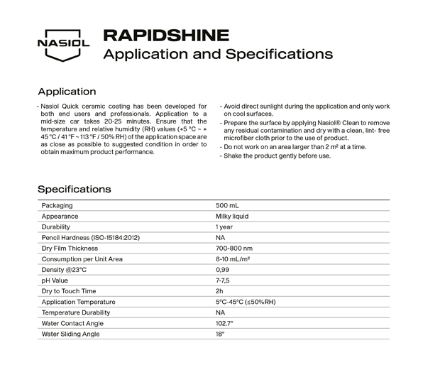 RAPIDSHINE APPLICATION AND SPECIFICATIONS