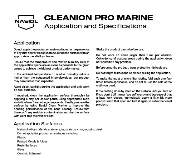 CLEANION PRO MARINE APPLICATION AND SPECIFICATIONS