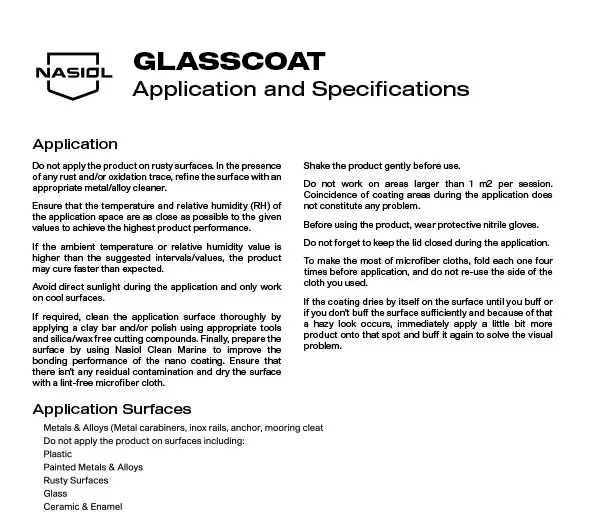 GLASSCOAT APPLICATION AND SPECIFICATIONS