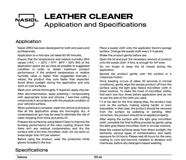 LEATHER CLEANER APPLICATION AND SPECIFICATIONS