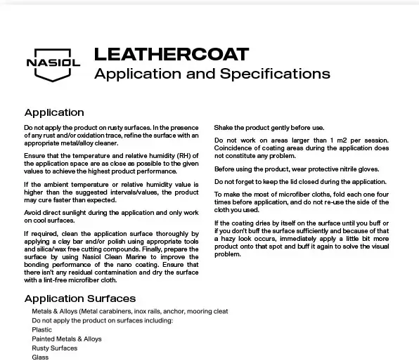 LEATHERCOAT APPLICATION AND SPECIFICATIONS
