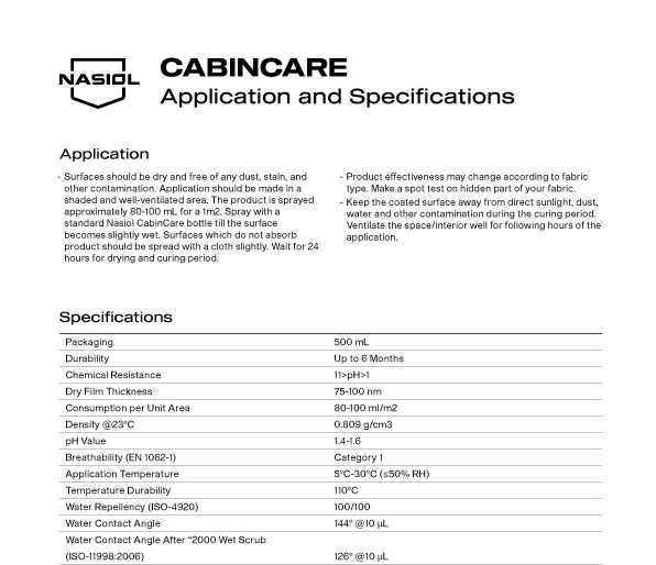 CABINCARE APPLICATION AND SPECIFICATIONS