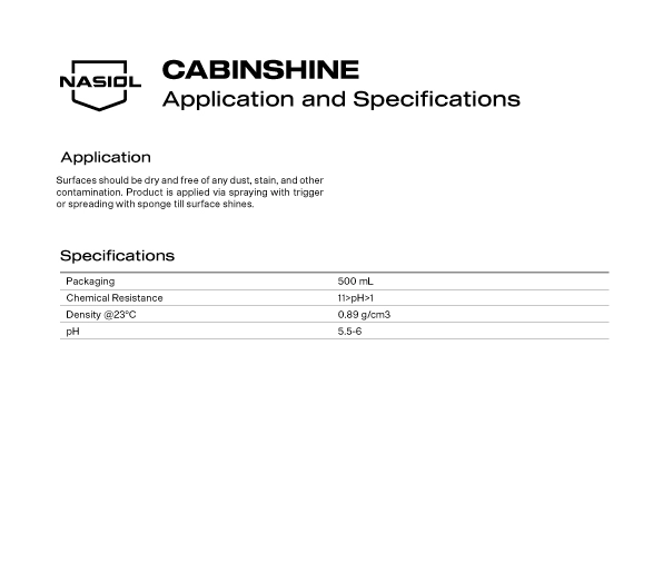 CABINSHINE APPLICATION AND SPECIFICATIONS