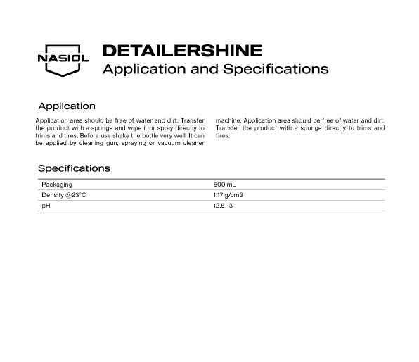 DETAILERSHINE APPLICATION AND SPECIFICATIONS