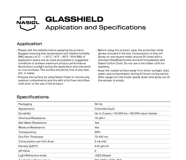 GLASSHIELD APPLICATION AND SPECIFICATIONS