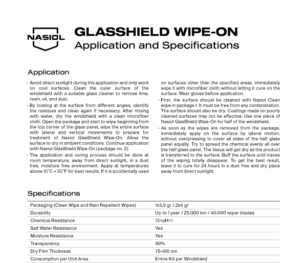 GLASSHIELD WIPE-ON APPLICATION AND SPECIFICATIONS