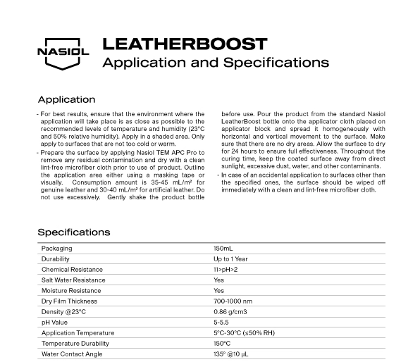 LEATHERBOOST APPLICATION AND SPECIFICATIONS