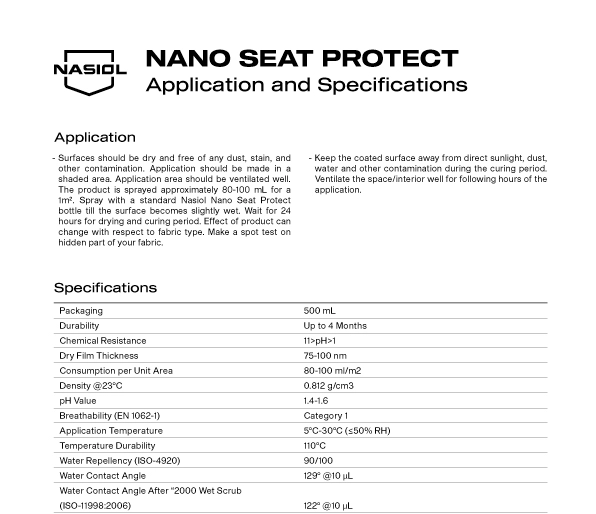 NANO SEAT PROTECT APPLICATION AND SPECIFICATIONS
