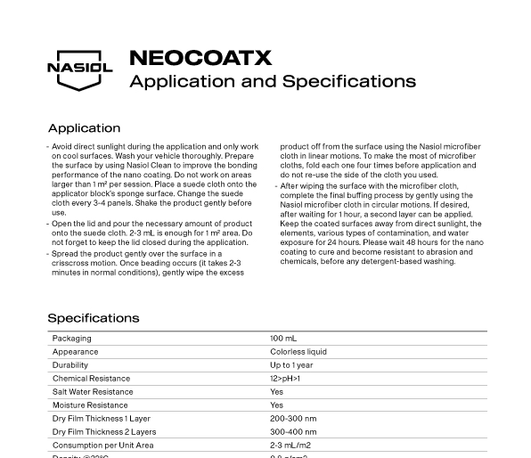 NEOCOATX APPLICATION AND SPECIFICATIONS
