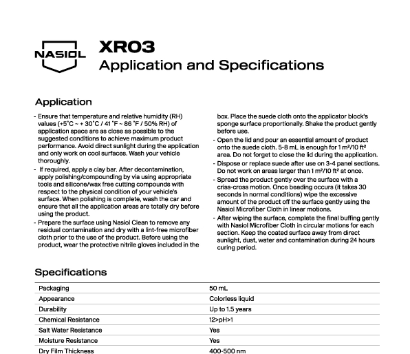 XR03 APPLICATION AND SPECIFICATIONS