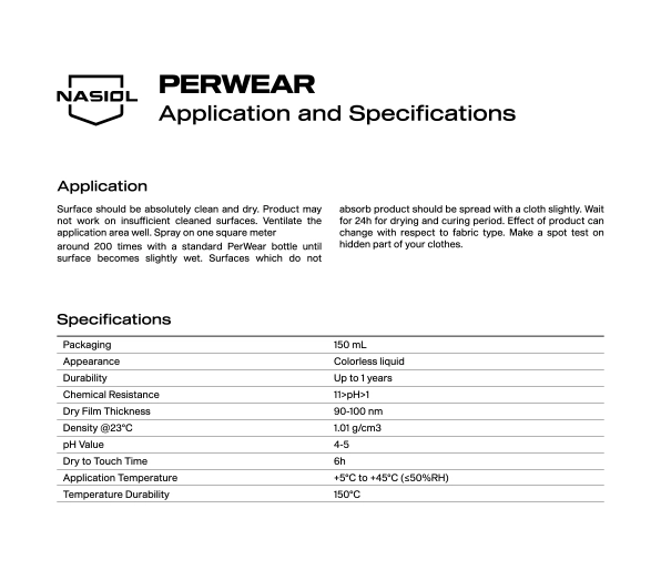 PERWEAR APPLICATION AND SPECIFICATIONS