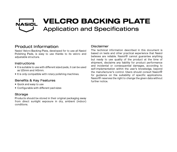 VELCRO BACKING PLATE APPLICATION AND SPECIFICATIONS