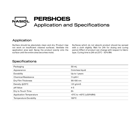 PERSHOES APPLICATION AND SPECIFICATIONS
