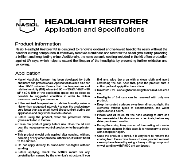 HEADLIGHT RESTORER APPLICATION AND SPECIFICATIONS