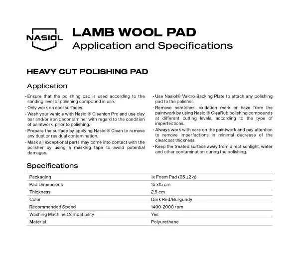 LAMB WOOL PAD APPLICATION AND SPECIFICATIONS