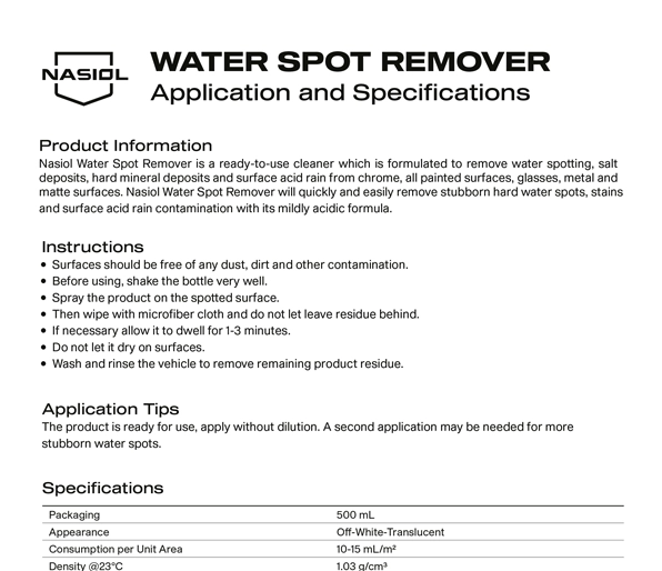 WATER SPOT REMOVER APPLICATION AND SPECIFICATIONS