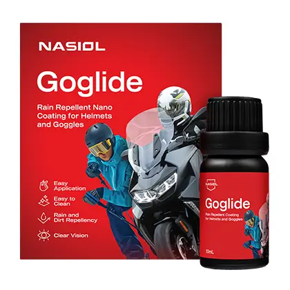雨や汚れをはじくヘルメットやゴーグル用コーティングGoglide箱と容器